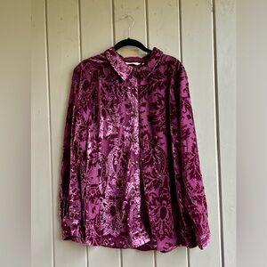 Soft Surroundings Velour Velvet Button Front Tunic Top 1X Burgundy Floral L/S